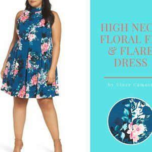 Vince Camuto High Neck Floral Fit & Flare Dress 14